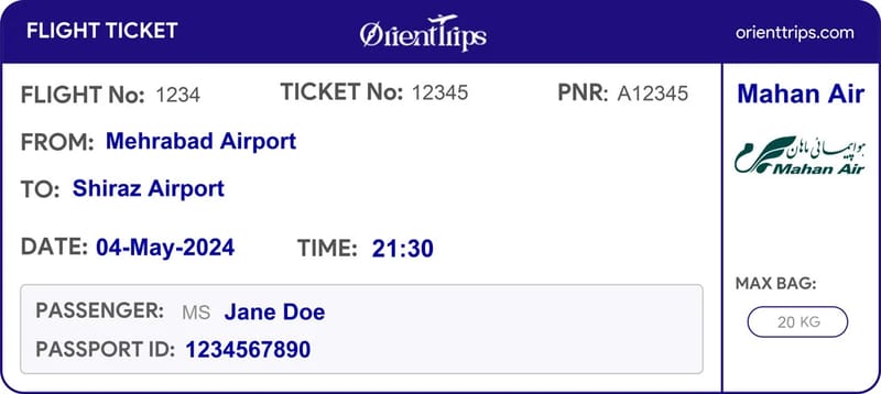 Example of a Flight Ticket Issued by OrientTrips