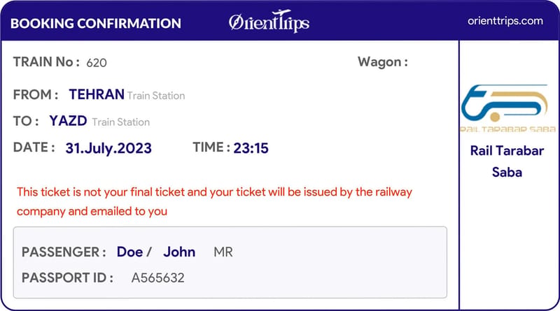 Example of a Train Booking Confirmation by OrientTrips